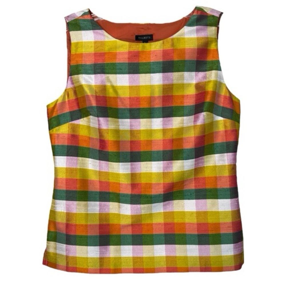 TALBOTS Silk Multicolor Plaid Check Top Size 6 Sleeveless Preppy